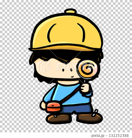 Little boy with cap holding lollipop isolated cartoon illustration 132252388