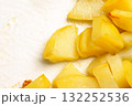Fried potato slices in a glass container close up 132252536