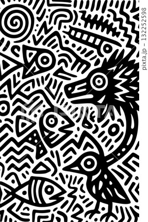 Abstract Tribal Doodle Pattern in Black and White - Hand Drawn Ethnic Design Abstract Tribal Doodle Pattern in Black and White - Hand Drawn Ethnic Design 132252598