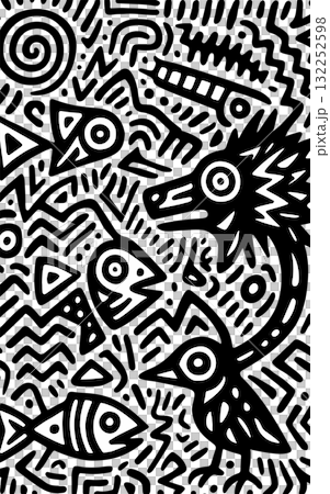 Abstract Tribal Doodle Pattern in Black and White - Hand Drawn Ethnic Design Abstract Tribal Doodle Pattern in Black and White - Hand Drawn Ethnic Design 132252598
