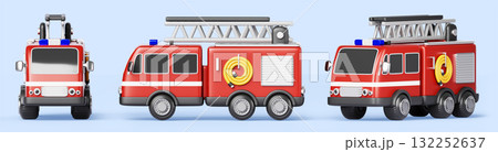 Fire truck 3d icon in different angles. Emergency vehicle, red fire engine with ladder and alarm siren. Firetruck, fire brigade transport front side view, cartoon isolated render set. 3D illustration Fire truck 3d icon in different angles. Emergency vehicle, red fire engine with ladder and alarm siren. Firetruck, fire brigade transport front side view, cartoon isolated render set. 3D illustration 132252637