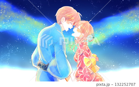 幸せそうな向かい合う男女　浴衣　夜空　天の川 132252707