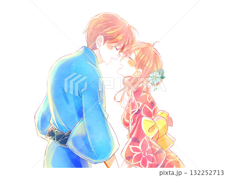 幸せそうな向かい合う男女　浴衣 132252713