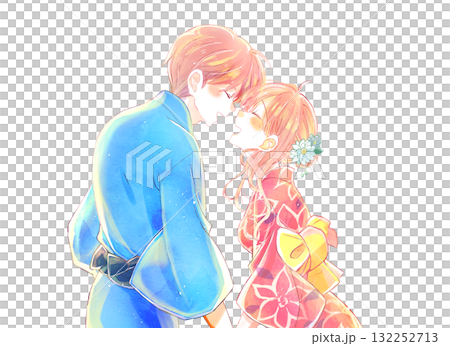 幸せそうな向かい合う男女　浴衣 132252713