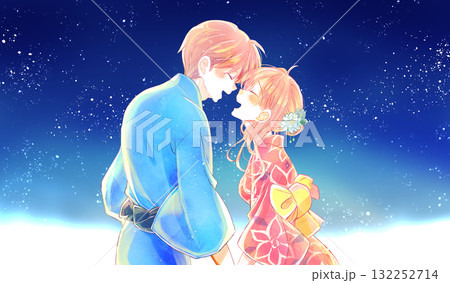 幸せそうな向かい合う男女　浴衣　夜空　天の川 132252714