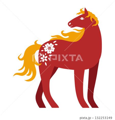 Chinese red horse with golden flowing mane with delicate floral motifs in traditional Chinese style. Hand drawn vector illustration. Chinese red horse with golden flowing mane with delicate floral motifs in traditional Chinese style. Hand drawn vector illustration. 132253149