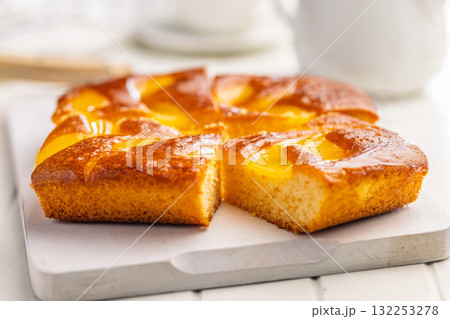 Catalana sponge cake on white table. Catalana sponge cake on white table. 132253278