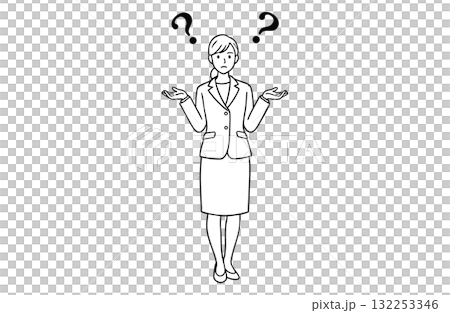 A businesswoman shrugging her shoulders and making a "I don't know" pose (full body, monochrome line drawing) A businesswoman shrugging her shoulders and making a "I don't know" pose (full body, monochrome line drawing) 132253346