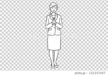 一位女商人鼓掌慶祝(全身,單色線條畫) 一位女商人鼓掌慶祝(全身,單色線條畫) 132253347