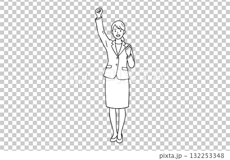 Businesswoman making a fist pump with one hand (full body, monochrome line drawing) Businesswoman making a fist pump with one hand (full body, monochrome line drawing) 132253348