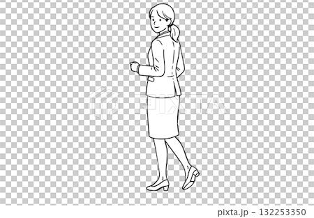 前向きに歩き出すビジネスウーマン(全身・モノクロ線画) 前向きに歩き出すビジネスウーマン(全身・モノクロ線画) 132253350