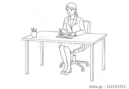 デスクでメモを取るビジネスウーマン（全身・モノクロ線画） 132253351