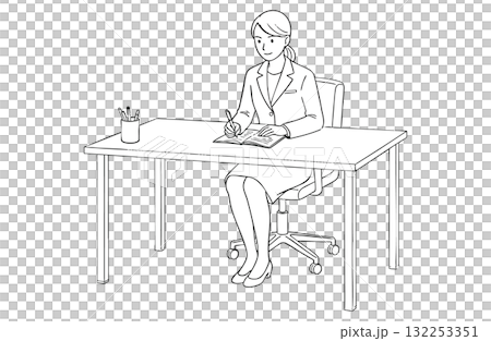 デスクでメモを取るビジネスウーマン（全身・モノクロ線画） 132253351