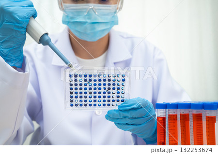 Scientist with cell culture in sample micro plate for research in science laboratory. 132253674