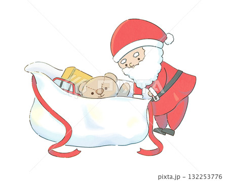 プレゼントを取り出すサンタクロースと袋から覗くテディベア 132253776