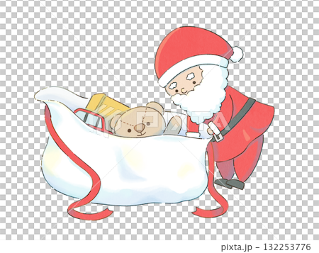 プレゼントを取り出すサンタクロースと袋から覗くテディベア 132253776