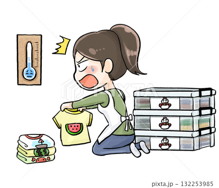 衣替えしたばかりで冷え込む或いは急に寒くなるイラスト 132253985