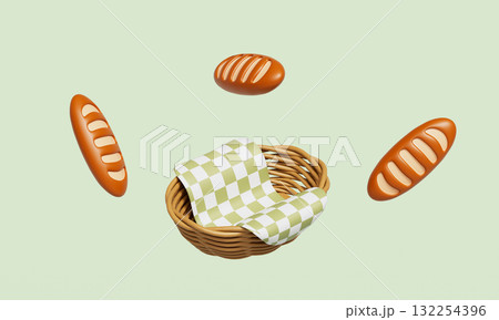 Baguettes and a Basket with Green Checkered Cloth. 3D Rendering. 132254396