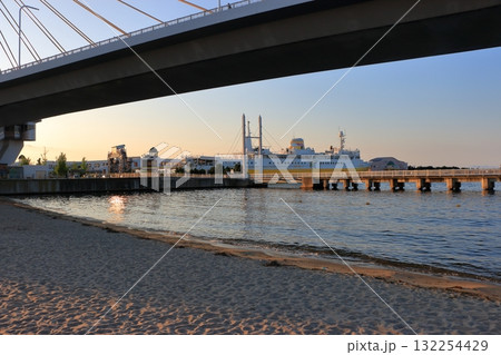 Evening sunset on the harbor of Aomori Bay at Aomori City , in Aomori Japan 132254429