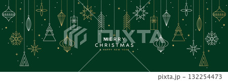Merry Christmas banner, gold ornament card, green background Merry Christmas banner, gold ornament card, green background 132254473