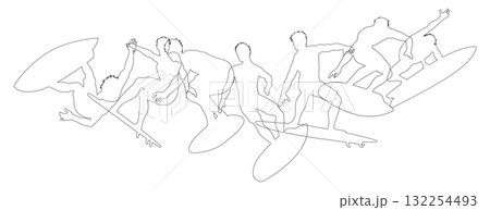 Surfers Surfing on Surf Boards Silhouettes Concept Surfers Surfing on Surf Boards Silhouettes Concept 132254493