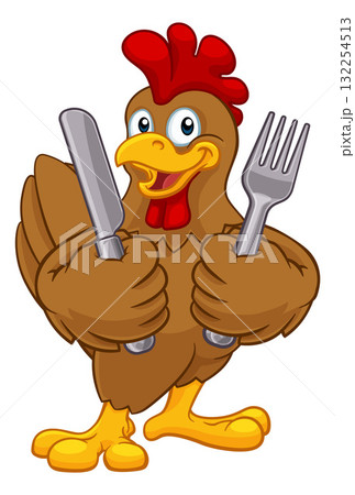 Chicken Rooster Cockerel Knife and Fork Cartoon Chicken Rooster Cockerel Knife and Fork Cartoon 132254513
