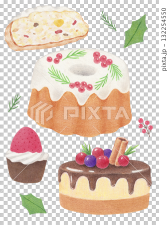 Colored pencil illustrations of Christmas dessert. 132254550