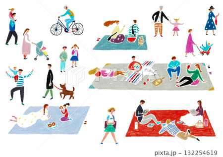 手書きイラスト　公園でくつろぐ人々	 132254619