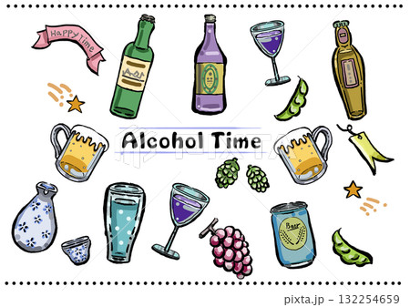 可愛い色々なお酒のカラーイラスト 132254659