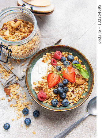 Healthy breakfast granola bowl with fresh berries 132254695