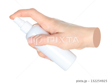 Woman hands holding a white spray bottle, isolated on transparent background close-up, template for cosmetics ads. Contemporary art Woman hands holding a white spray bottle, isolated on transparent background close-up, template for cosmetics ads. Contemporary art 132254925