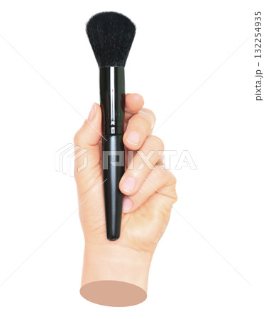 Woman hand holds black cosmetics brush, isolated on transparent background, cosmetics and visage concept. Contemporary art Woman hand holds black cosmetics brush, isolated on transparent background, cosmetics and visage concept. Contemporary art 132254935