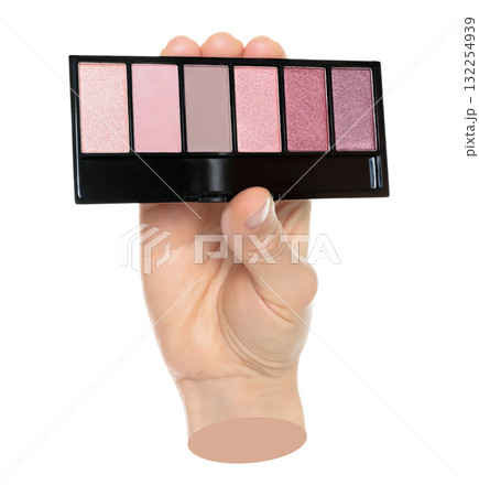 Woman hand holds cosmetic palette, isolated on transparent background, cosmetics and visage concept. Contemporary art Woman hand holds cosmetic palette, isolated on transparent background, cosmetics and visage concept. Contemporary art 132254939