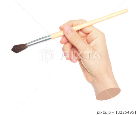Woman hand holds paint brush, isolated on transparent background, painting and design concept. Contemporary art 132254951