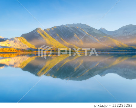 Nature. Lake, forest and mountains. Symmetrical composition. Panoramic view. Nature. Lake, forest and mountains. Symmetrical composition. Panoramic view. 132255282