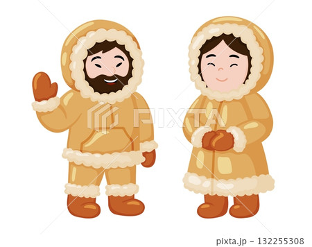 Inuit Couple in Winter Fur Parkas Illustration 132255308