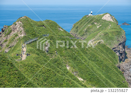 Tourists hiking on green cliffs near lighthouse by the ocean on sunny day at Cape Kamui, Kozakicho, Hokkaido, Japan 132255827