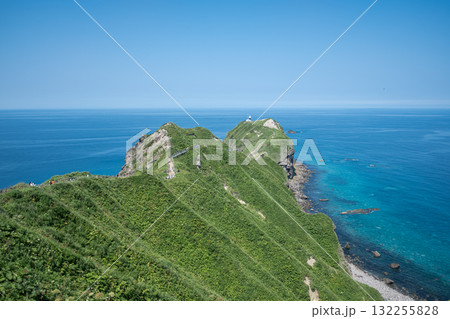 Green cliffside overlooking clear blue ocean under bright sky at Cape Kamui, Kozakicho, Hokkaido, Japan 132255828