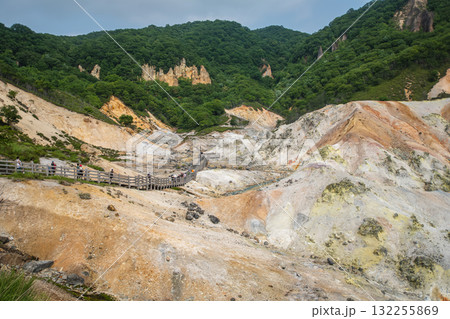 Tourists walking on wooden path through volcanic landscape in green mountain area at Noboribetsu Jigokudani Valley, Noboribetsu, Hokkaido, Japan 132255869