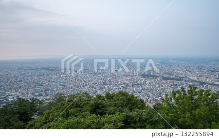 Panoramic view from Moiwa mountain, Cityscape view from hilltop with dense urban buildings and greenery at Sapporo, Hokkaido, Japan Panoramic view from Moiwa mountain, Cityscape view from hilltop with dense urban buildings and greenery at Sapporo, Hokkaido, Japan 132255894