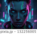 Neon Cyberpunk Portrait. A moody street portrait of a person with neon-lit makeup or tattoos, wearing futuristic glasses or headgear 132256005
