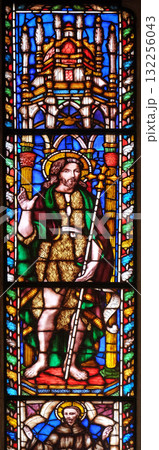 Saint John the Baptist, stained glass window in the Basilica di Santa Croce (Basilica of the Holy Cross) - famous Franciscan church in Florence, Italy 132256043