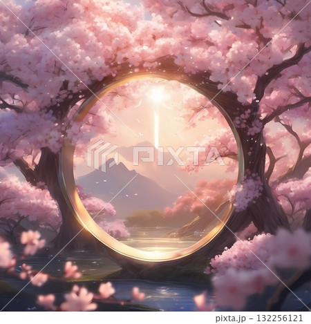 桜の花びらと大きな輪のイラスト背景 132256121