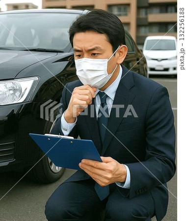 車の査定をするビジネスマン 車の査定をするビジネスマン 132256188