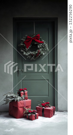 Christmas wreath with red berries on snowy door creating a festive holiday atmosphere 132256290
