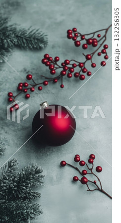 Festive Christmas holiday evergreen branches with red decorations and ornaments on green background 132256305