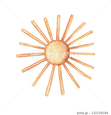 Copper metal sun with ray ornament hand drawn in watercolor with sparkling glitter and pencil textures. Shiny celestial accent with metallic glow. Perfect for Christmas card and other festive art. 132256384