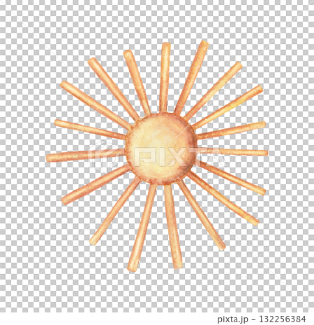 Copper metal sun with ray ornament hand drawn in watercolor with sparkling glitter and pencil textures. Shiny celestial accent with metallic glow. Perfect for Christmas card and other festive art. 132256384