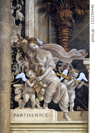 Parthenice (pagan muse), detail of Filippino Lippi's frescoes in the Strozzi Chapel of the Santa Maria Novella Principal Dominican church in Florence, Italy Parthenice (pagan muse), detail of Filippino Lippi's frescoes in the Strozzi Chapel of the Santa Maria Novella Principal Dominican church in Florence, Italy 132256446