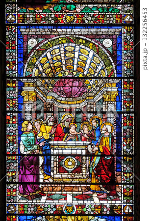 Presentation of Jesus in the Temple, stained glass window in Santa Maria Novella Principal Dominican church in Florence, Italy Presentation of Jesus in the Temple, stained glass window in Santa Maria Novella Principal Dominican church in Florence, Italy 132256453